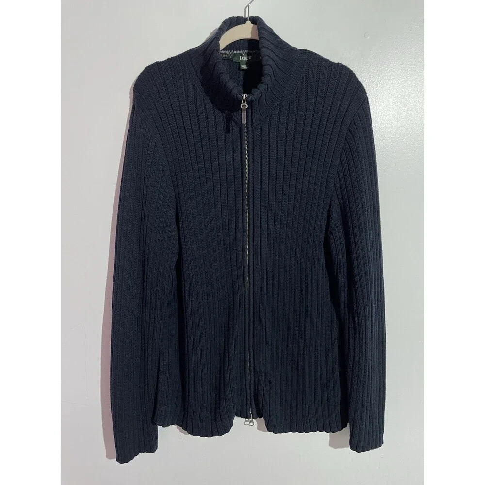 J Crew Cardigan Sweater Mens XL Blue Ribbed Full Zip‎ Mock Neck Preppy Academia